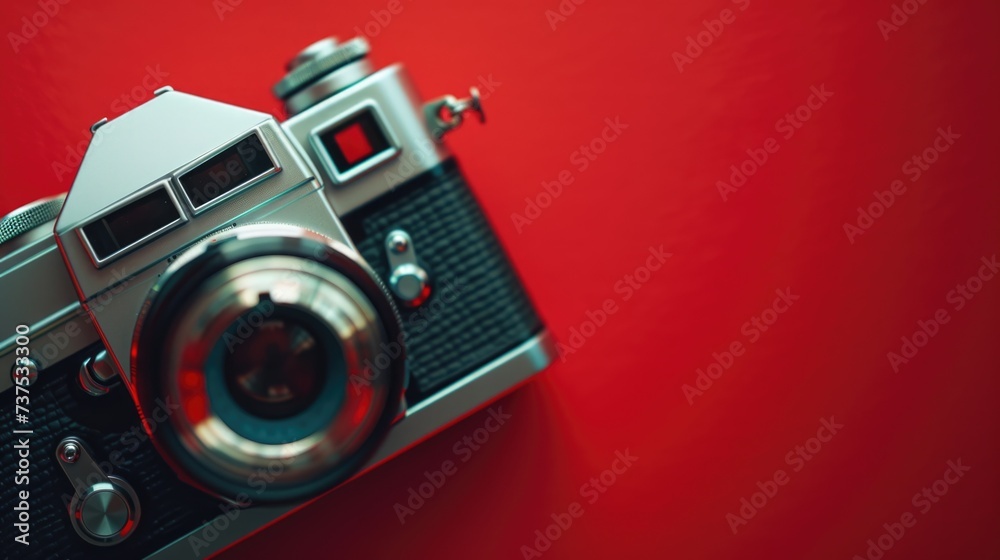Poster a silver and black camera placed on a vibrant red background. this image can be used for various pur