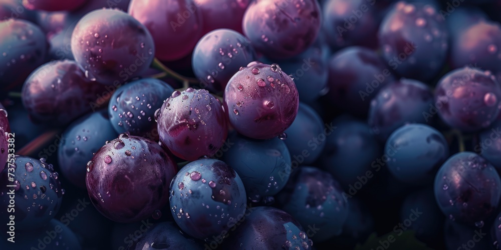 Poster a close-up image of a bunch of grapes with glistening water droplets. this picture captures the fres