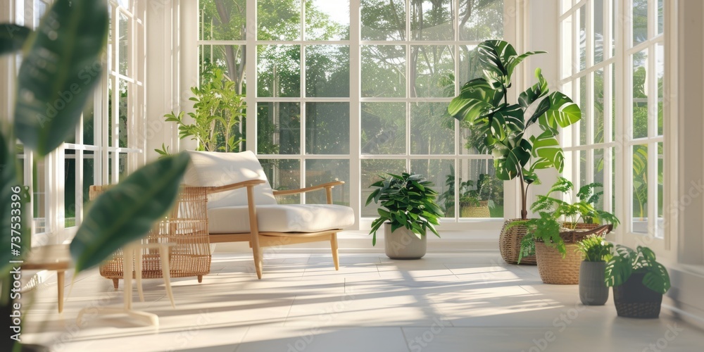 Poster a cozy sun room with a comfortable chair and vibrant potted plants. ideal for adding a touch of natu