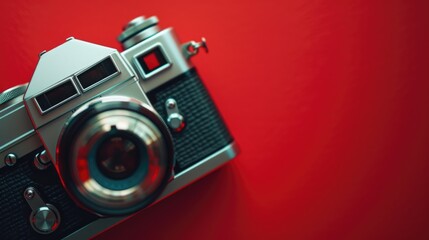 A silver and black camera placed on a vibrant red background. This image can be used for various purposes