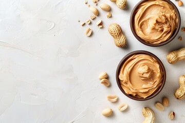 Fototapeta na wymiar Delicious peanut butter on plain backdrop