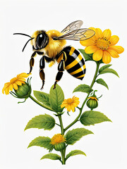 Illustrated Bee Flying with  Plant Green Leaves Yellow Flowers