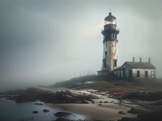 Old Abandoned Lighthouse Shoreline Foggy Dark Stormy Weather