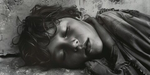 A black and white photo capturing a peaceful scene of a young boy sleeping. Ideal for use in children's literature or parenting articles - obrazy, fototapety, plakaty
