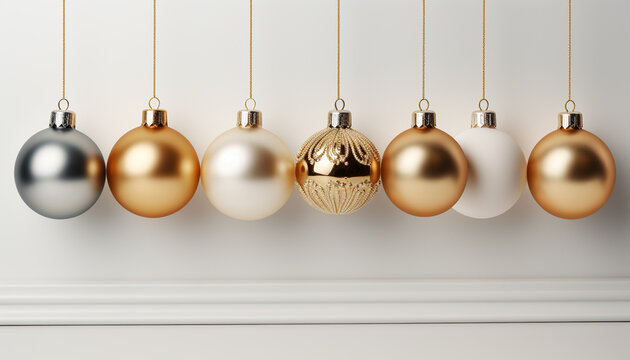 Christmas ornaments in gold, hanging in a row, illuminate the tree generated by AI