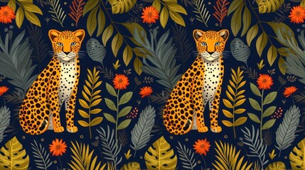 a cheetah sitting in the middle of a jungle filled with leaves and flowers on a dark blue background.