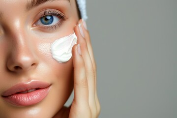 Close up of a young girl applying skincare cream for a beauty treatment on her face with a grey background