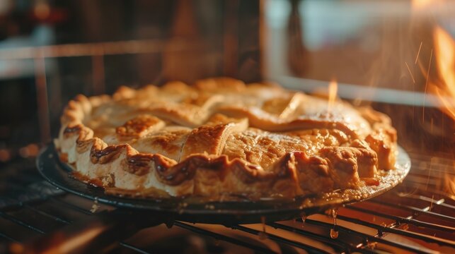 A Pie Cooking In An Oven With Flames Coming Out Of It. Perfect For Illustrating The Process Of Baking Or Cooking With Fire