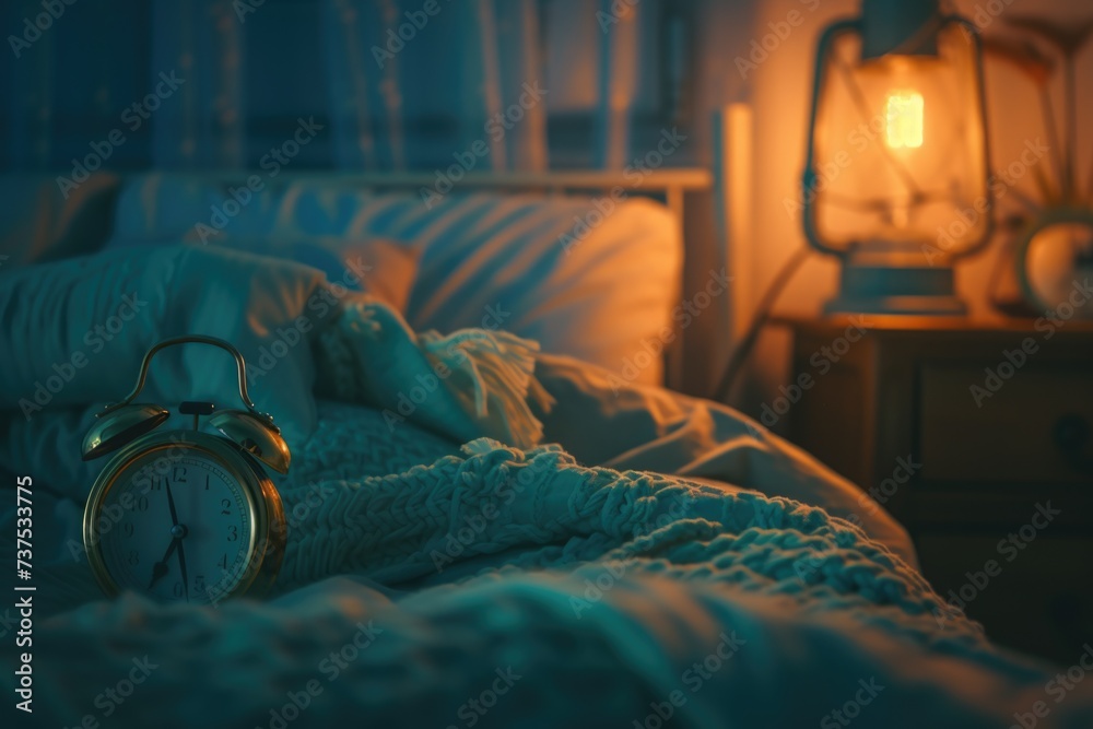 Poster A simple and functional alarm clock sits on top of a bed next to a lamp. Perfect for illustrating morning routines and time management concepts