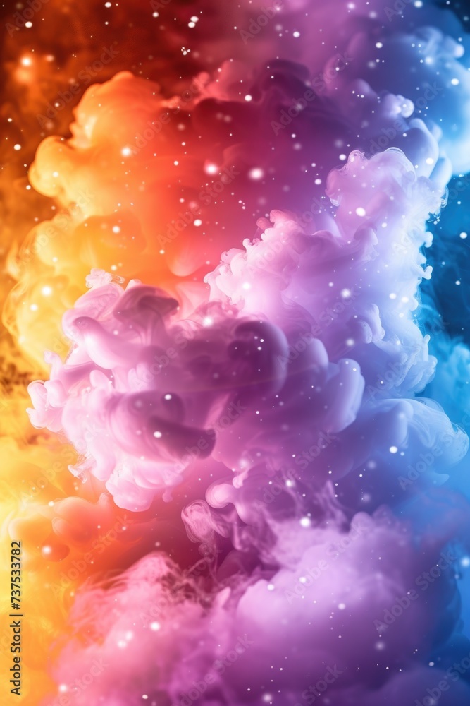 Poster a vibrant rainbow colored cloud of smoke against a black background. perfect for adding a burst of c