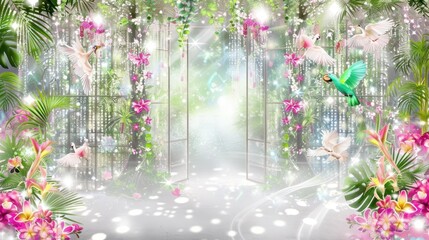 a picture of a tropical scene with flowers and a bird in a cage with a light coming through the window.