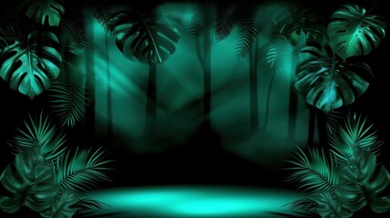 Fototapeta na wymiar a dark and green jungle scene with a pond surrounded by palm trees and a lot of leaves on a black background.