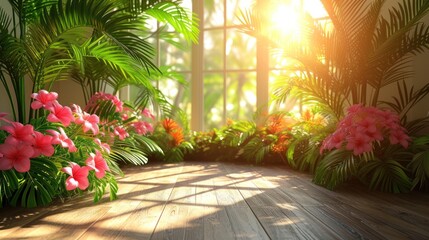 a room with a lot of plants and flowers on the floor and the sun shining through the window on the far side of the room.