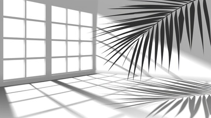 a palm leaf casts a shadow on the wall of an empty room with a large window on the right side of the room.