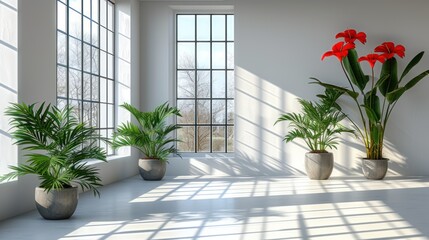 three potted plants in front of a window in a white room with sunlight streaming through the window panes.