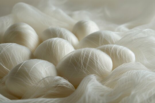 Close up of white silk cocoons with silk thread backdrop
