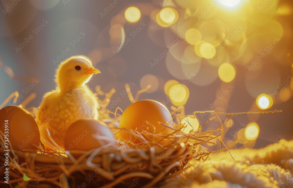 Poster a small chicken sitting on top of a nest filled with eggs. perfect for easter-themed designs or farm