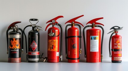 A row of fire extinguishers lined up against a wall. Suitable for illustrating fire safety measures.