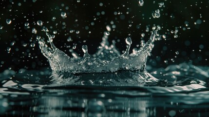 Close up shot of a water crown on a body of water. Perfect for illustrating the beauty and tranquility of nature. Ideal for use in websites, blogs, or educational materials - obrazy, fototapety, plakaty