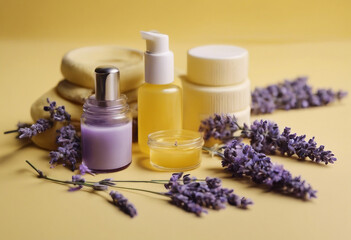 Natural cosmetics products with lavender Home body skin care Spa setting in neutral colors on yellow background Organic cosmetics