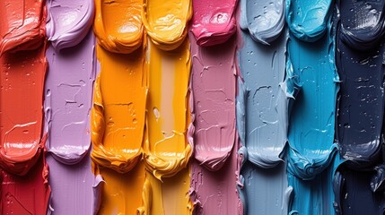 a row of different colors of paint with drops of water on the colors of the paint and the colors of the paint. - obrazy, fototapety, plakaty