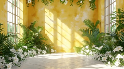 a room with a lot of windows and a bunch of white flowers on the floor in front of a yellow wall.