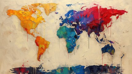 a painting of a map of the world painted on a piece of paper with paint drips all over it.