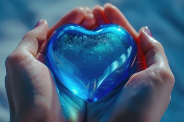 A person delicately holds a glass heart in their hands. This image can be used to represent love, affection, relationships, or heartfelt emotions.