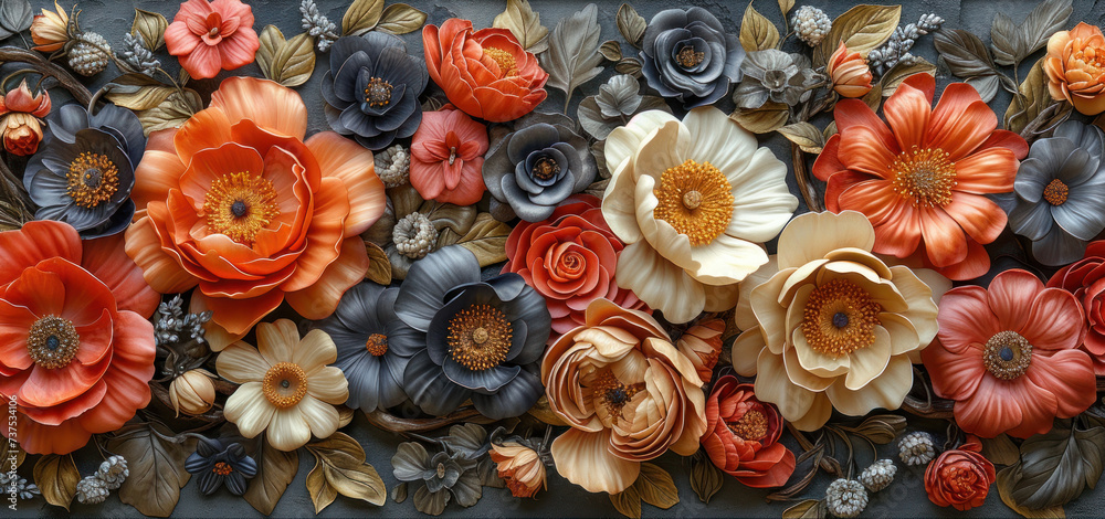 Wall mural a close up of a bunch of flowers on a black background with orange, yellow, and red flowers on it. - Wall murals
