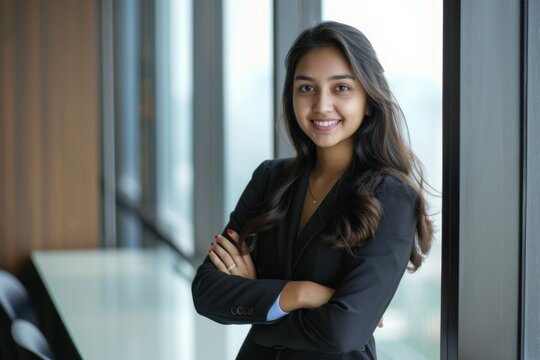 Confident happy and optimistic young Indian Asian businesswoman stands by window in meeting room smiling with crossed arms