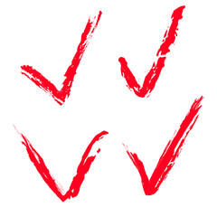 Set of consent icons, marks. Yes, the checkmark is made with a stroke of bright red paint on an isolated white background. - obrazy, fototapety, plakaty