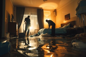 A man and woman are cleaning a flooded room. This image can be used to depict cleaning after a water damage incident or during a home renovation project - obrazy, fototapety, plakaty