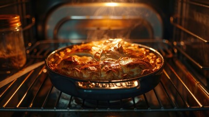 A delicious pie cooking in the oven with steam coming out. Perfect for food blogs, recipe websites, and cooking magazines - obrazy, fototapety, plakaty