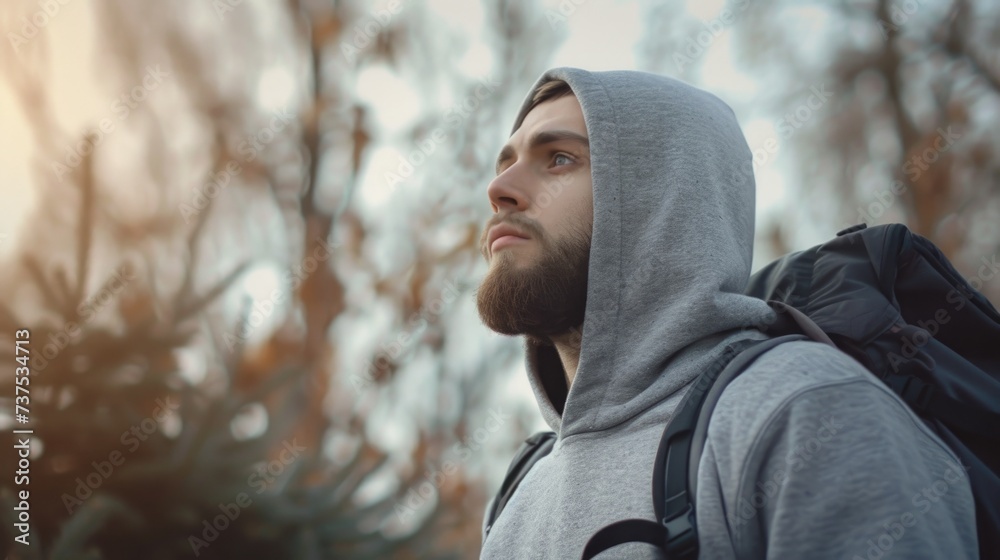 Poster a man with a backpack looking up at the sky. ideal for travel and adventure concepts