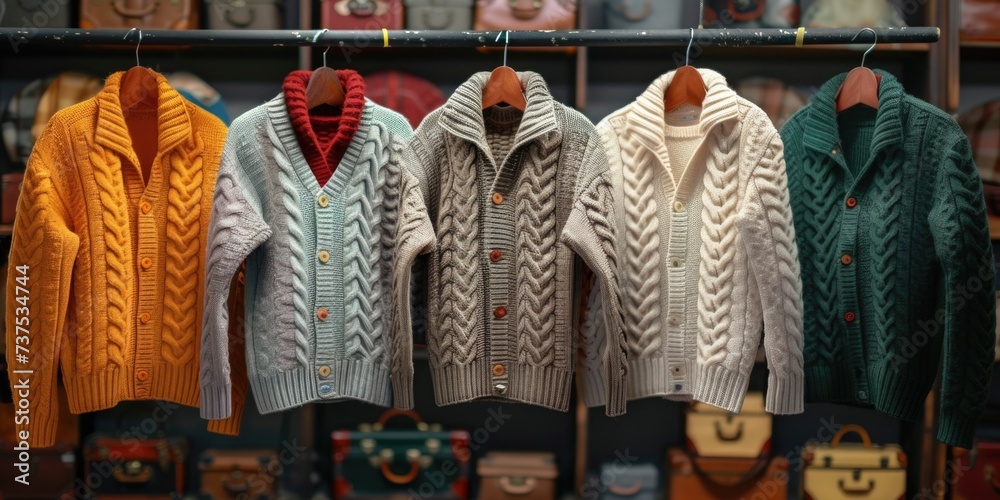 Poster a collection of colorful sweaters hanging on a rack. perfect for showcasing different styles and col