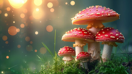 a group of red mushrooms sitting on top of a lush green grass covered forest covered in lots of tiny yellow dots. - obrazy, fototapety, plakaty