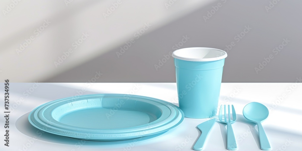 Poster a simple table setting with a plate, fork, spoon, and cup. perfect for illustrating mealtime, dining