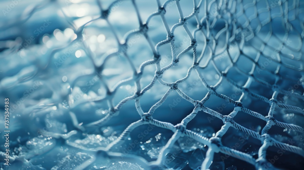 Poster A detailed view of a net floating on the surface of a body of water. Perfect for illustrating concepts such as fishing, aquatic life, or water sports