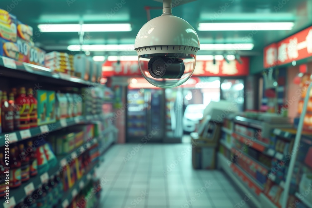 Poster A surveillance camera capturing activity in a grocery store. Suitable for illustrating security measures or monitoring in retail environments
