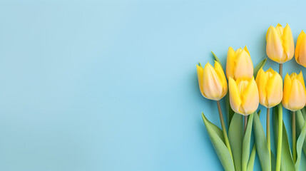 yellow tulips on blue background - obrazy, fototapety, plakaty