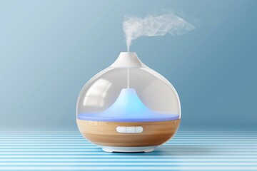 A compact and efficient blue and white humidifier sits atop a table. Ideal for adding moisture to any room.