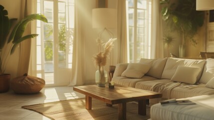 Fototapeta premium A comfortable living room with a couch and a coffee table. Perfect for home decor or interior design projects