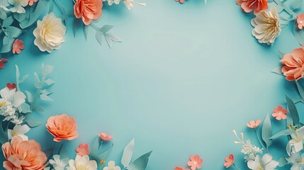 A vibrant blue background adorned with delicate paper flowers and leaves. Perfect for adding a pop...