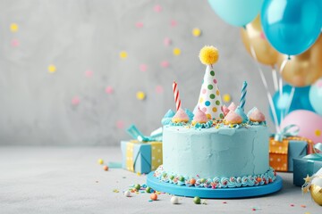 Colorful balloons presents and hats adorn a light grey background accompanied by a blue birthday cake