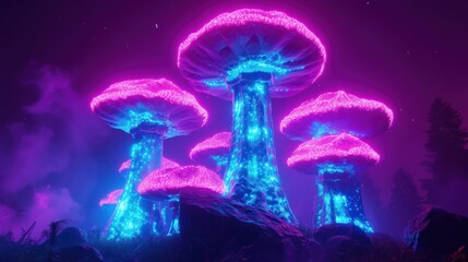 a group of mushroom like structures lit up in purple, blue, and pink lights in a forest at night.