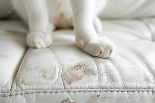 Cat paws on scratched white leather sofa