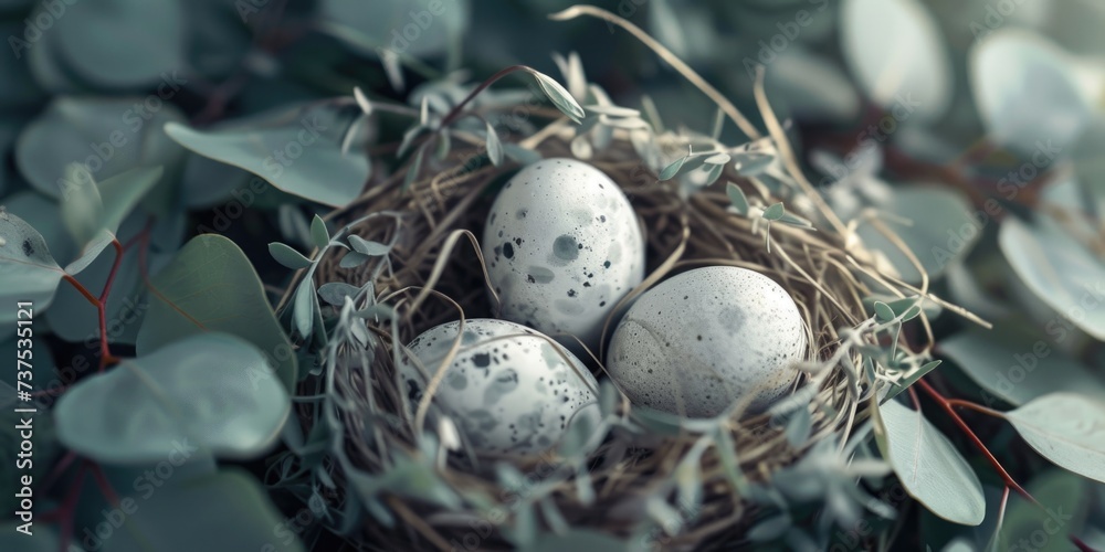 Poster three eggs in a nest surrounded by leaves. perfect for nature and spring-themed designs