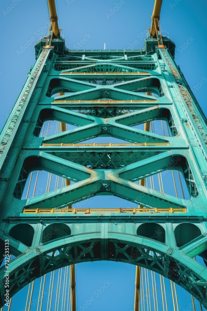 Poster a view of the top of a bridge from below. suitable for architectural, urban, or transportation theme