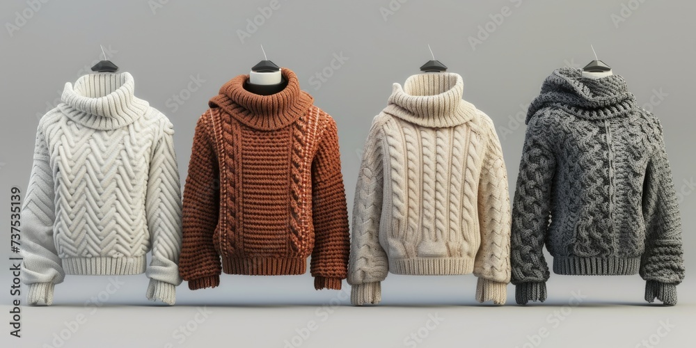 Poster a row of sweaters hanging on a clothes rack. perfect for showcasing different styles and colors of s