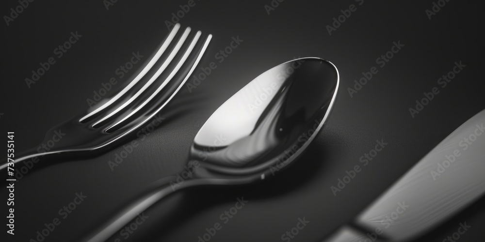 Poster A simple yet elegant table setting with a fork, knife, and spoon. Perfect for showcasing a classy dining experience or illustrating proper table etiquette